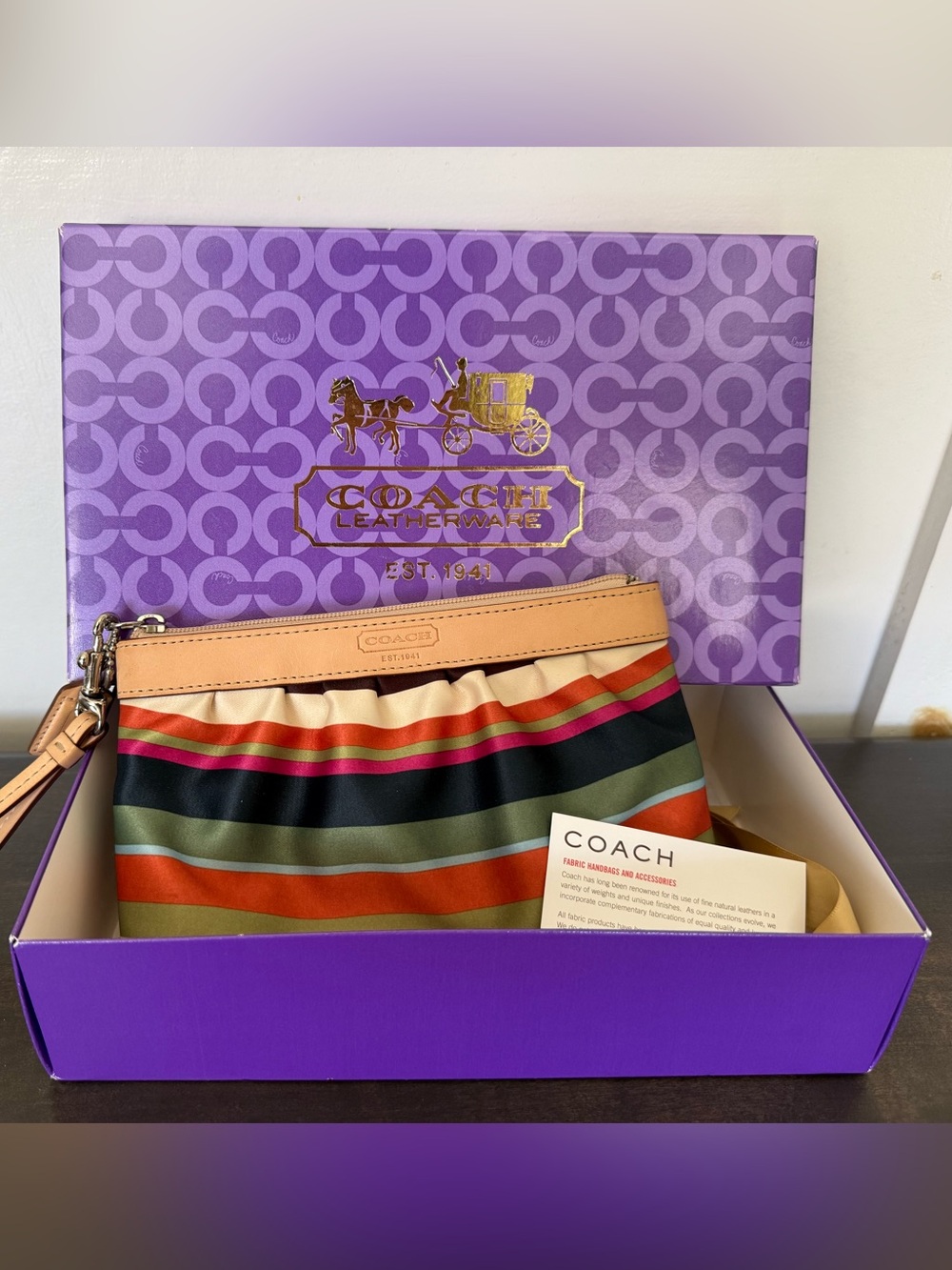 New in Box! Coach Legacy Satin Striped Legacy Wristlet Clutch
